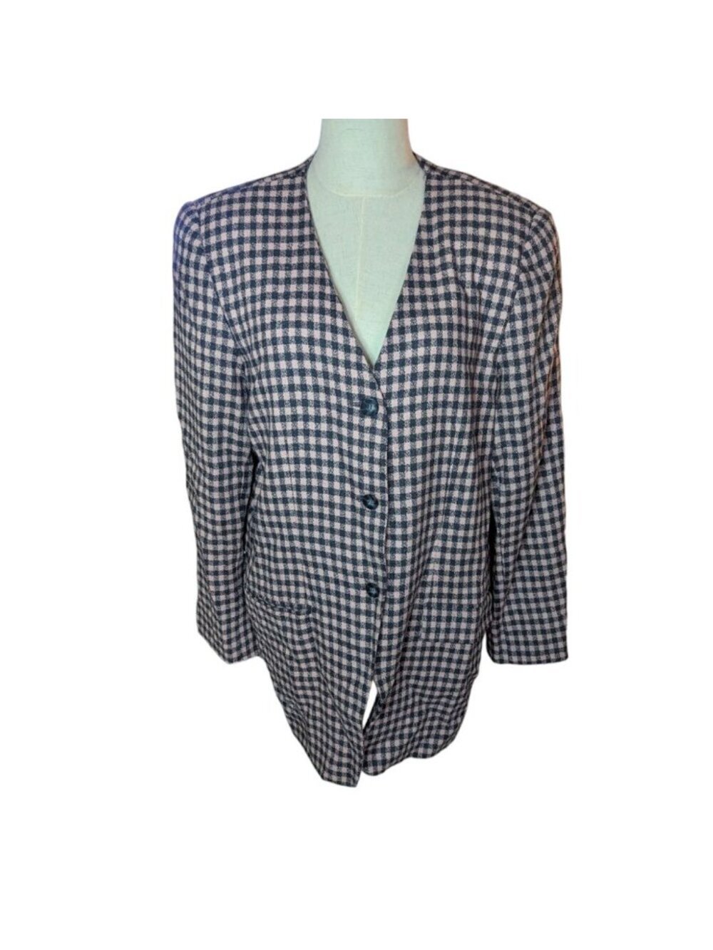 VTG Chaus Wool Mauve Gray Check Long Blazer 14